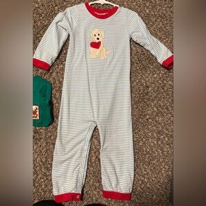 Busy bee smocks Striped Blue and White Kids One Piece with Dog Design